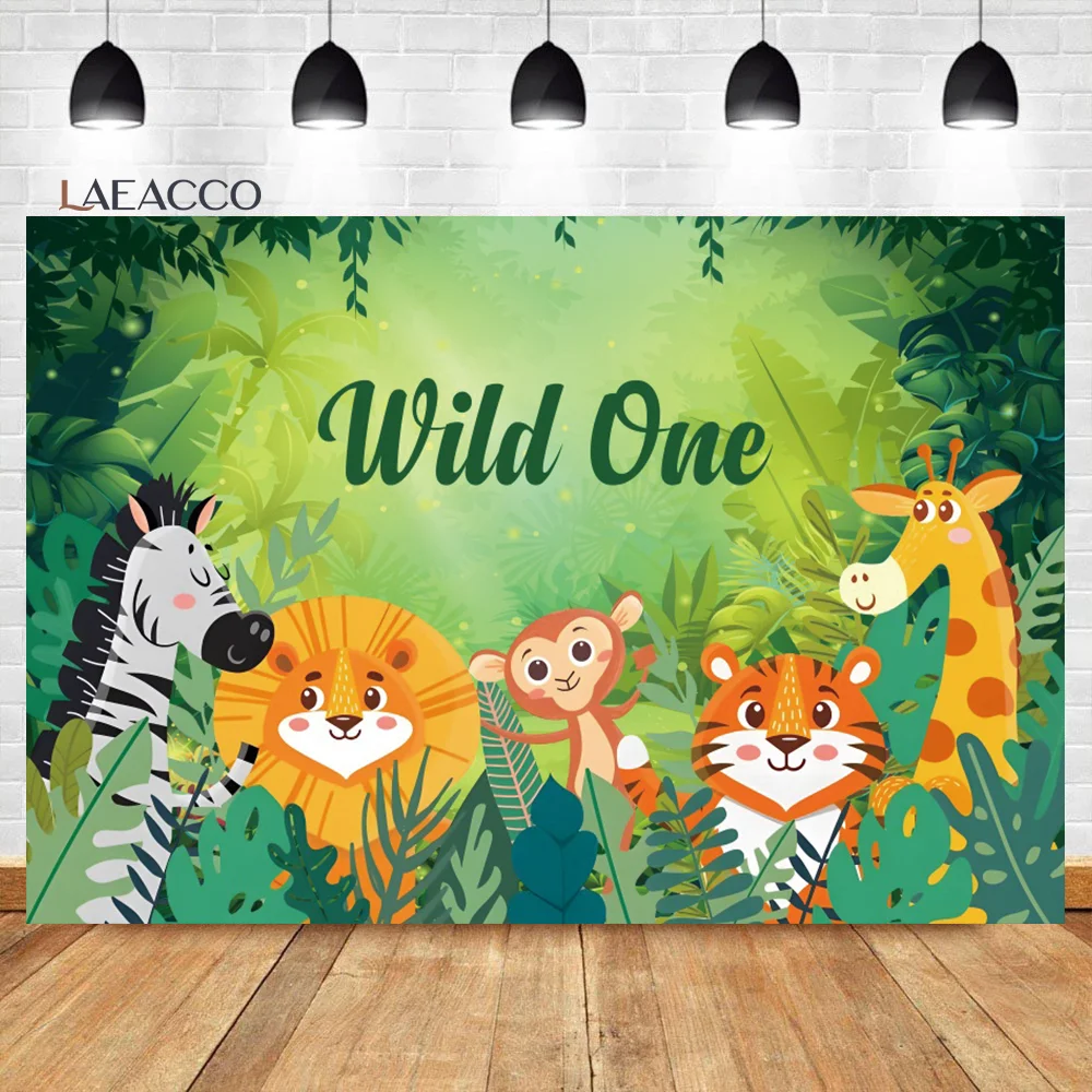 

Laeacco Jungle Safari Animal Backdrop Green Forest Cute Wildlife Zoo Kids Birthday Baby Shower Portrait Photography Background