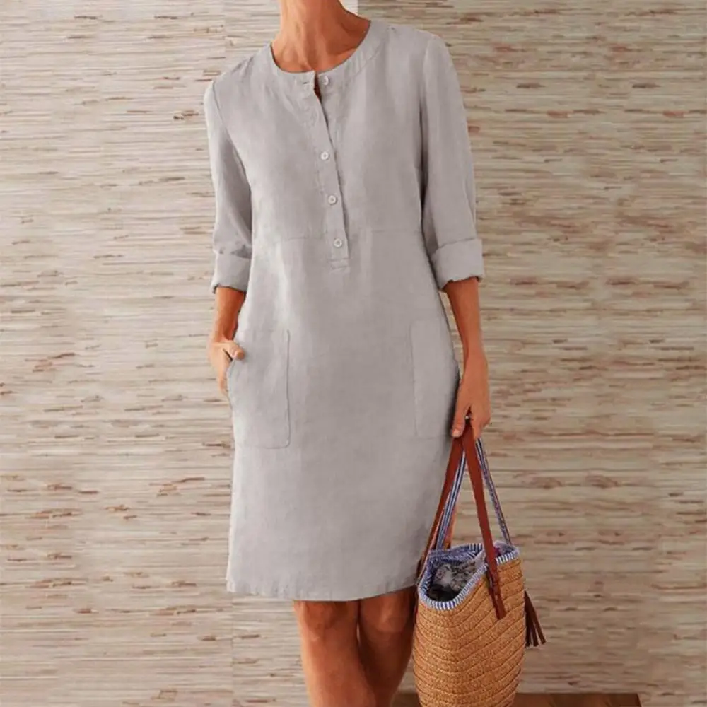 Long Sleeve Casual Women Dress Knee-length Dress Loose Buttons Pockets Cotton Linen Knee-length Dress
Long Sleeve Casual Women Dress Knee-length Dress Loose Buttons Pockets Cotton Linen Knee-length Dress