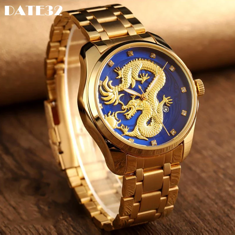Luxury Men Watch Golden Dragon Quartz Watches Men's Waterproof Date Display Stainless Steel Strap Wristwatch Male Carving Clock
Luxury Men Watch Golden Dragon Quartz Watches Men's Waterproof Date Display Stainless Steel Strap Wristwatch Male Carving Clock