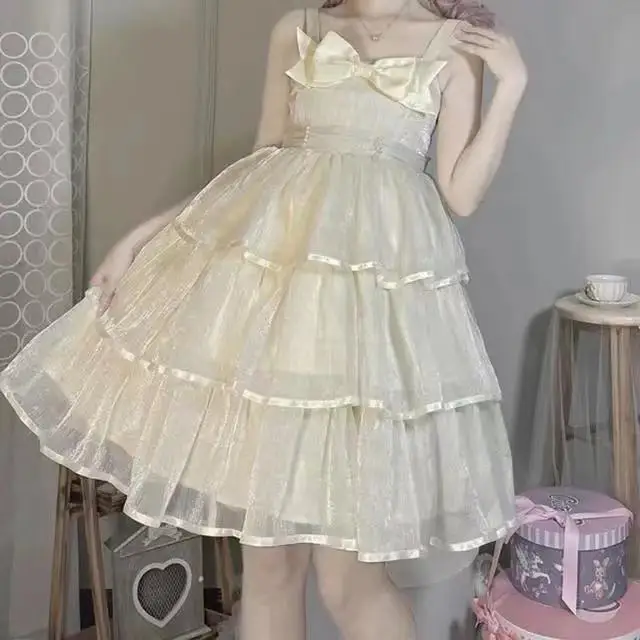 

Multicolor Japanese Summer Lolita Sweet Cute JSK Slip Bowknot Princess Dress Women's Bowknot Cupcake Dress Girl Birthday Gift
