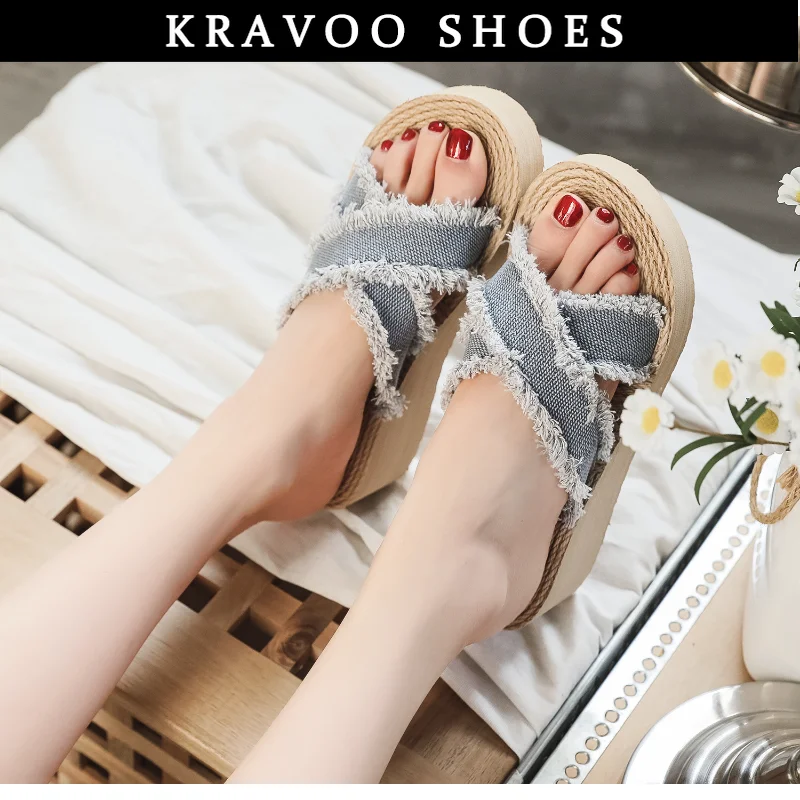 

KRAVOO Platform Shoes Women Wedges Denim Outdoor Female Slippers Cross Strap Casual Sandals Ladies Slipper Beach Peep Toe 2023