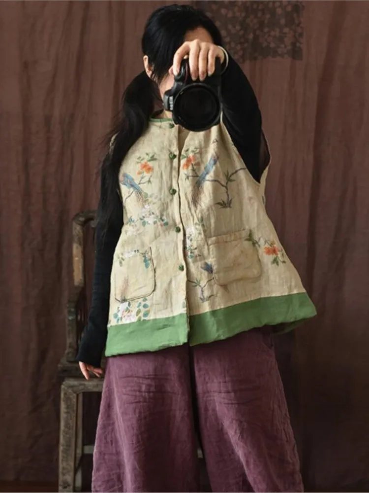 Vintage Women Vest Printing Button Warm Chinese Clothing Cotton Padded Sleeveless Cardigan Warm Outerwear Coat YoYiKamomo
Vintage Women Vest Printing Button Warm Chinese Clothing Cotton Padded Sleeveless Cardigan Warm Outerwear Coat YoYiKamomo
