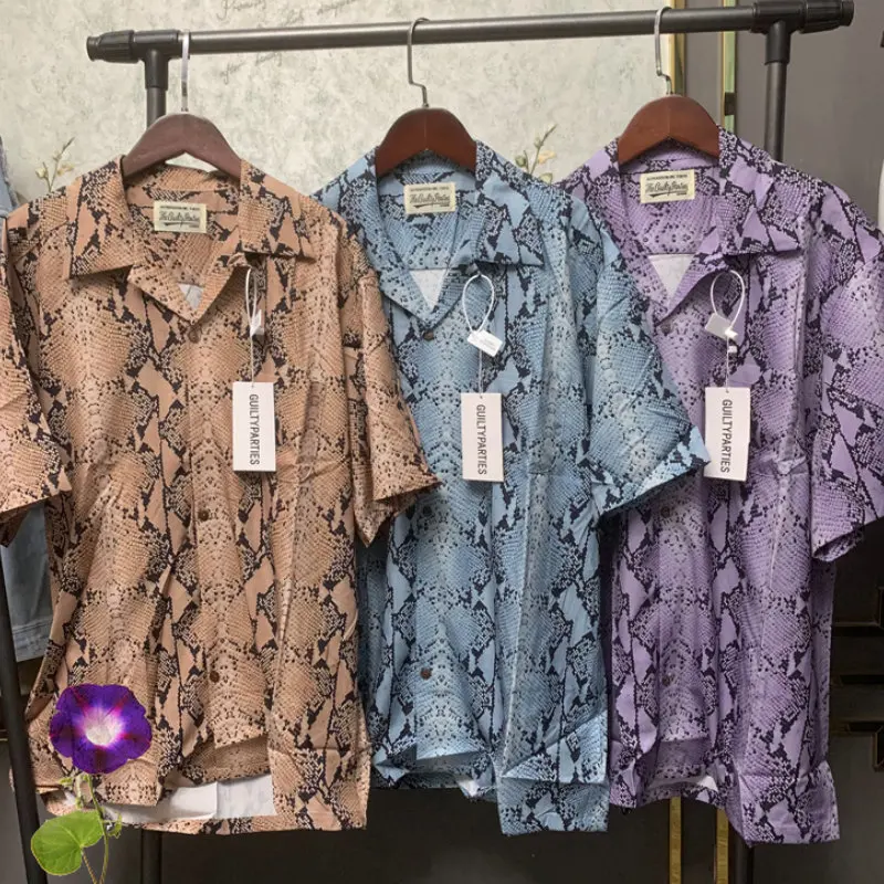 

Summer WACKO MARIA Shirts Full Snake Print Rayon Short-sleeved Cardigan Hawaiian Shirt for Men Women
