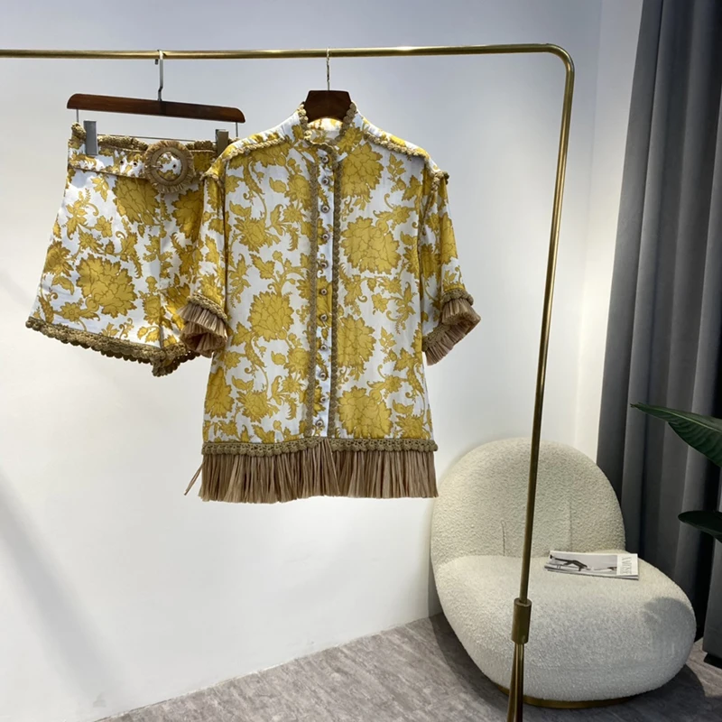 Two Piece Set 2022 Spring New Arrival Yellow Floral Print Ruffles Short Sleeve Loose Blouses and High Waist Linen Shorts
Two Piece Set 2022 Spring New Arrival Yellow Floral Print Ruffles Short Sleeve Loose Blouses and High Waist Linen Shorts