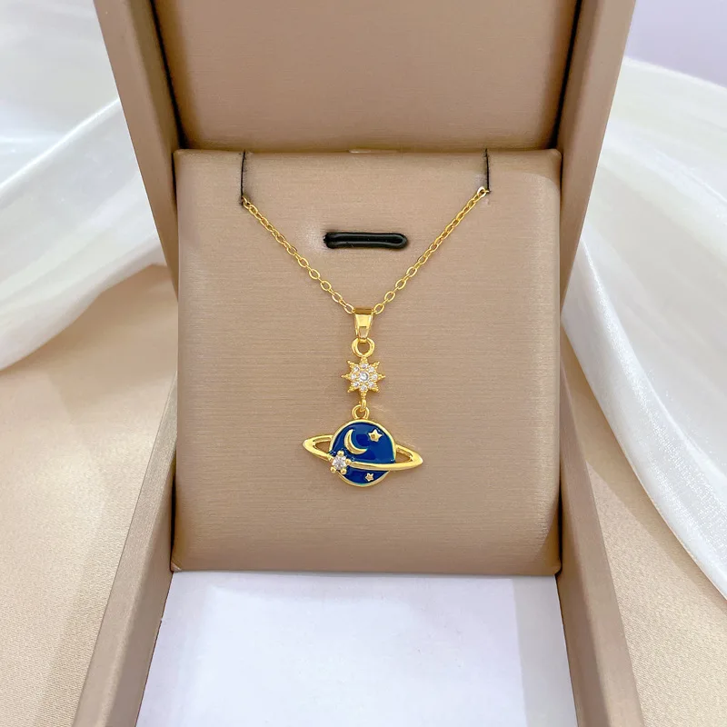 

Fashion Personality Micro-Inlaid Zircon Saturn Pendant Necklace for Women Blue Enamel Saturn Planet Choker Jewelry Birthday Gift