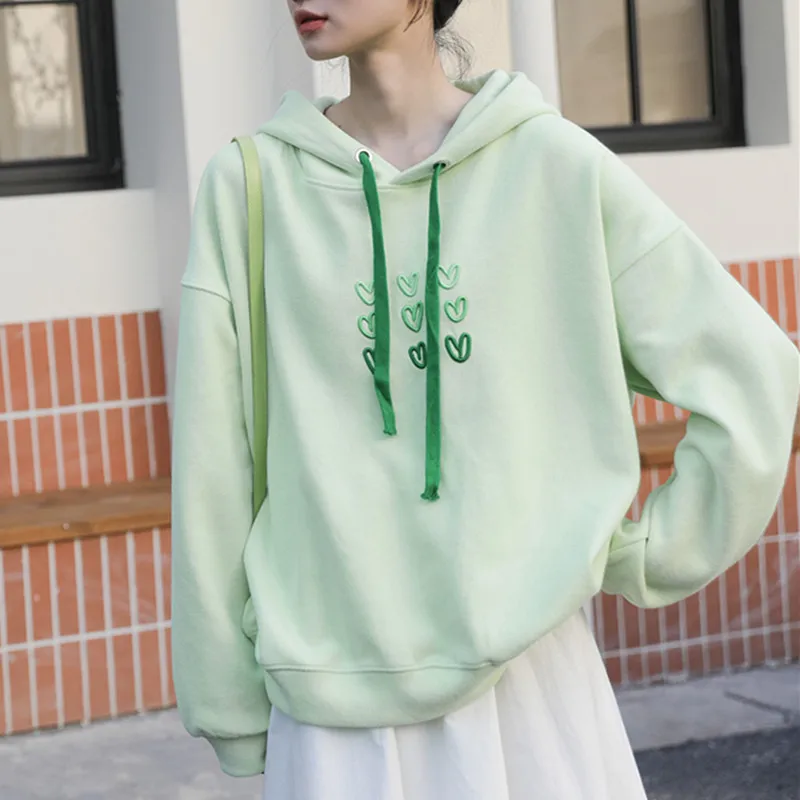 Толстовка женская с капюшоном, Модный свитшот с милой вышивкой в виде сердца, зеленый пуловер в стиле преппи для девочек-подростков, весна-осень 
Толстовка женская с капюшоном, Модный свитшот с милой вышивкой в виде сердца, зеленый пуловер в стиле преппи для девочек-подростков, весна-осень