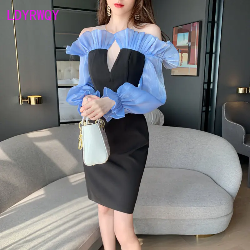2023 spring new European and American women's sexy one-word collar ruffled slim dress
2023 spring new European and American women's sexy one-word collar ruffled slim dress