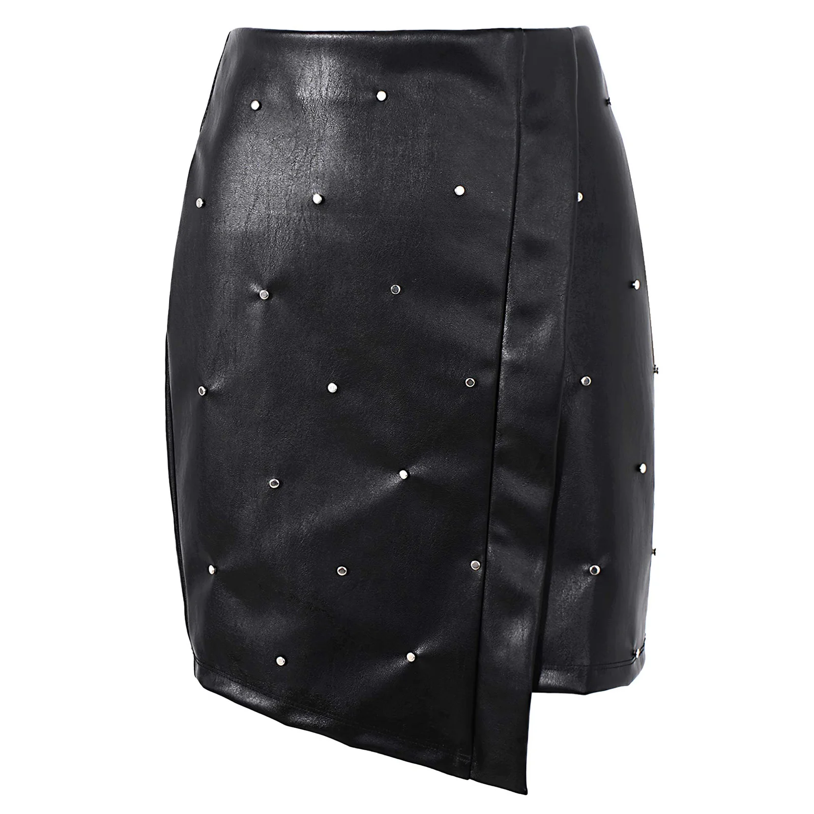 Womens Fashion Rivet Metal High Waist Black Pure Pencil Miniskirt Asymmetrical Side Invisible Zipper Faux Leather Skirt for work
Womens Fashion Rivet Metal High Waist Black Pure Pencil Miniskirt Asymmetrical Side Invisible Zipper Faux Leather Skirt for work