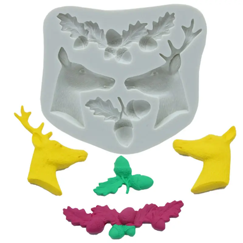 

3D Christmas Elk Deer Acorn Leaves Fondant Mold Soap Cake Silicone Baking Moulds Molde de Bolo Cake Decorating Tools
