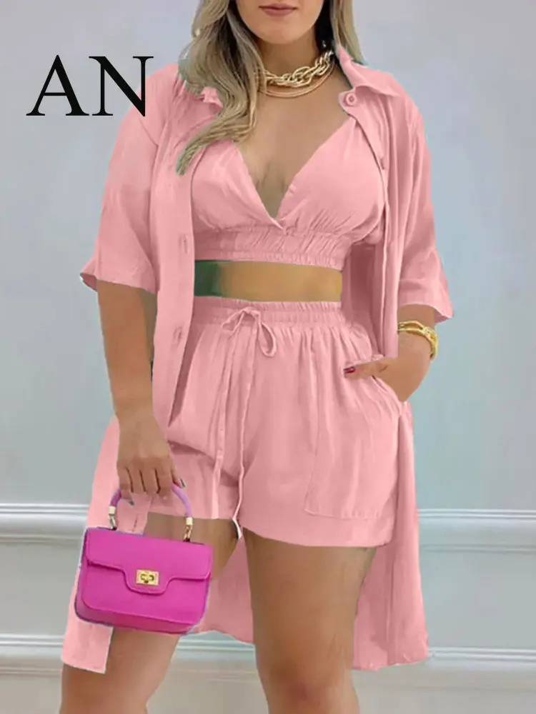 022 New Three-piece Solid Color Single-breasted Short-sleeved Shirt and Shorts Loose Fashion Casual Suit Oversized T-shirt
022 New Three-piece Solid Color Single-breasted Short-sleeved Shirt and Shorts Loose Fashion Casual Suit Oversized T-shirt