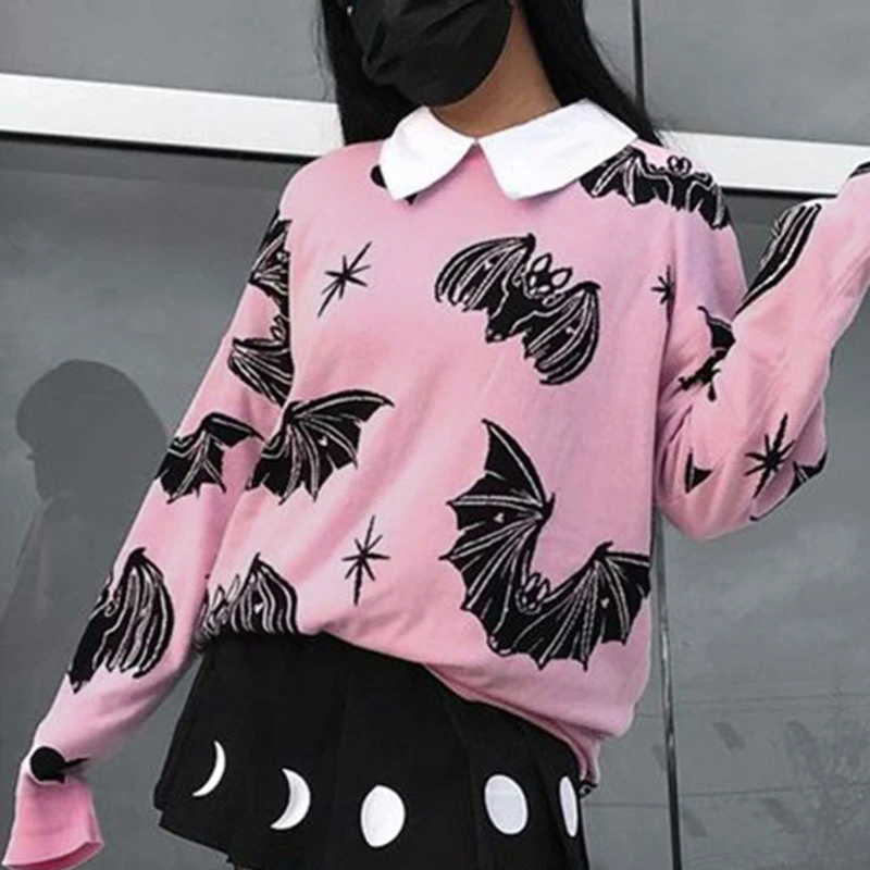 Autumn Winter Long Sleeve Bat Pattern Pullover Women Sweater Knitted Sweaters Round-neck Tops Jumper Female Costume
Autumn Winter Long Sleeve Bat Pattern Pullover Women Sweater Knitted Sweaters Round-neck Tops Jumper Female Costume