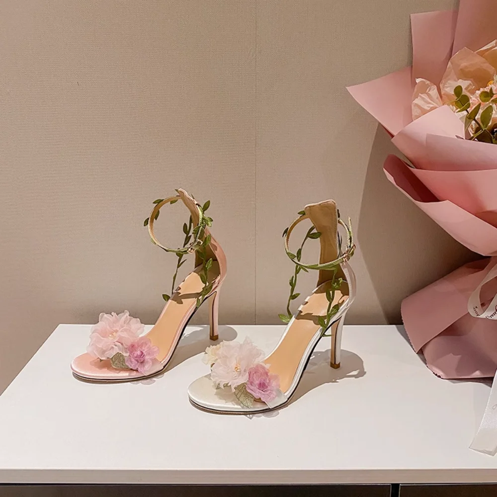 

Pink Chiffon Flowers Rattan Strappy Sandals Woman Open Toe Super High Heel Pumps Dress Wedding Shoes Paris Ins Style Shoes