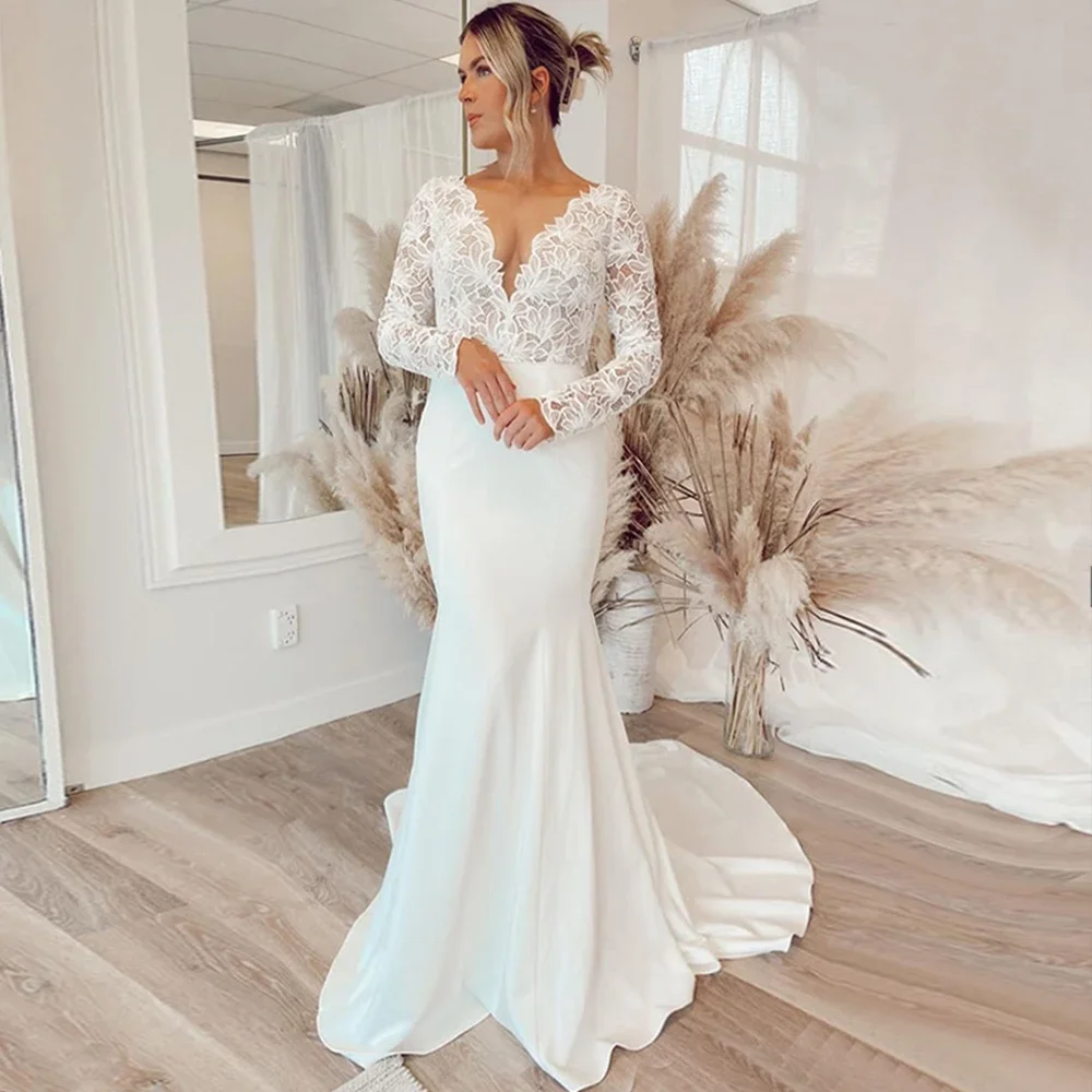 Elegant Lace Applique Mermaid Wedding Dress V-Neck Long Sleeve Zipper Back Bridal Gown Satin Court Train Civil Vestidos De Novia
Elegant Lace Applique Mermaid Wedding Dress V-Neck Long Sleeve Zipper Back Bridal Gown Satin Court Train Civil Vestidos De Novia