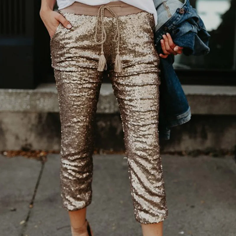 Ladies Glitter Trousers Harajuku Fashion Sequin Casual Pants Street Style Women Mid Waist Drawstring Long Pants Sweatpants
Ladies Glitter Trousers Harajuku Fashion Sequin Casual Pants Street Style Women Mid Waist Drawstring Long Pants Sweatpants