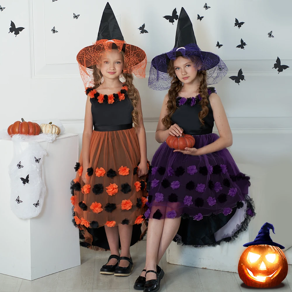 

Черно-оранжевый костюм на Хэллоуин для детей, платье принцессы на день рождения Fulffy со шлейфом для девочек 3 10 лет, карнавальные костюмы для девочек