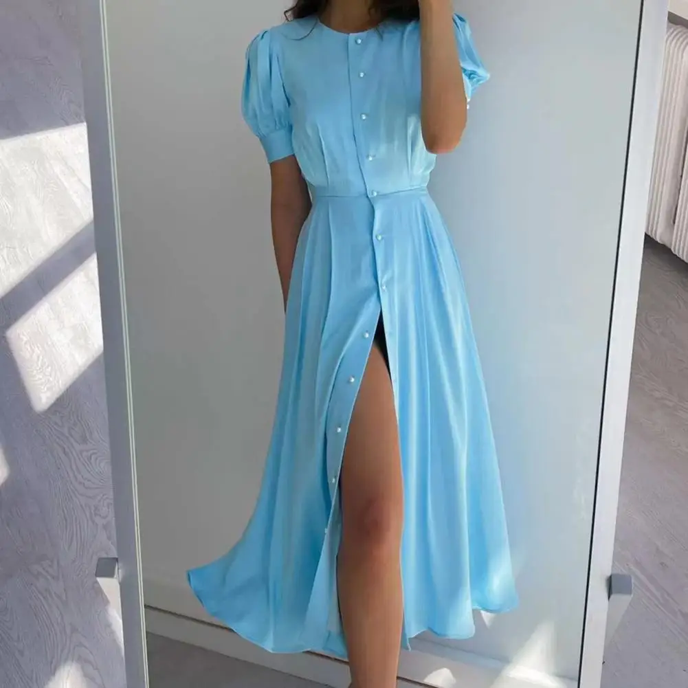 Elegant Women Dress O-neck Waist Tight Puff Short Sleeve Faux Pearls Buttons Large Hem A-line Solid Color Midi Dress Streetwear
Elegant Women Dress O-neck Waist Tight Puff Short Sleeve Faux Pearls Buttons Large Hem A-line Solid Color Midi Dress Streetwear