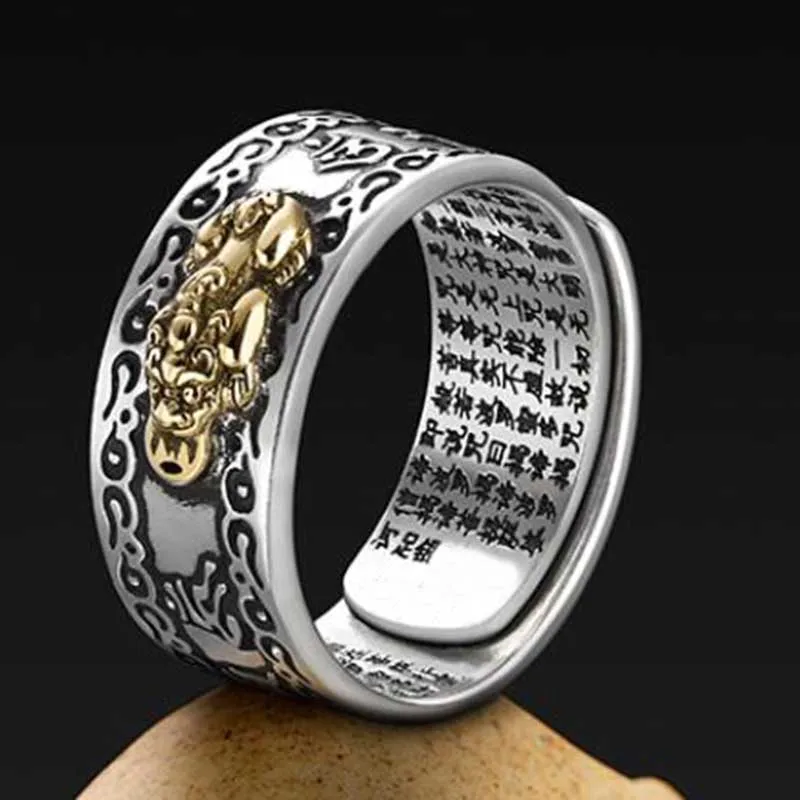 

Hot Men Women Feng Shui Pixiu Mantra Ring Buddhist Good Luck Amulet Mantra Double Protection Wealth Love Health Ring Gift
