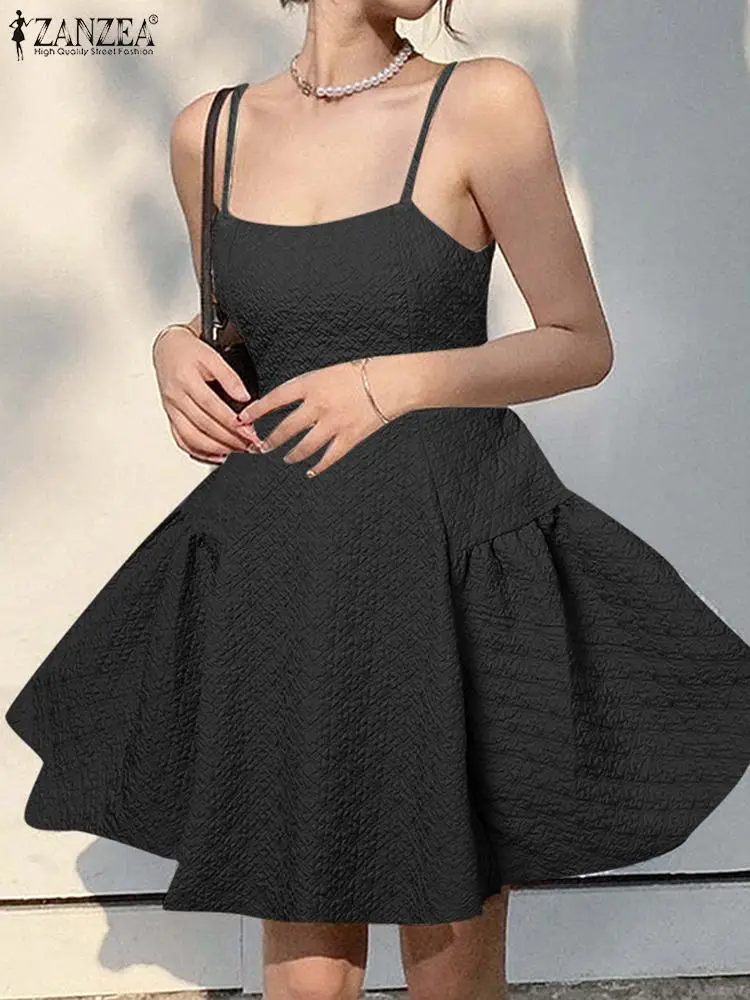 

Женское сексуальное платье-комбинация ZANZEA, корейское модное платье-мини без рукавов на тонких бретельках с поясом, текстурированный сарафан с завязкой сзади