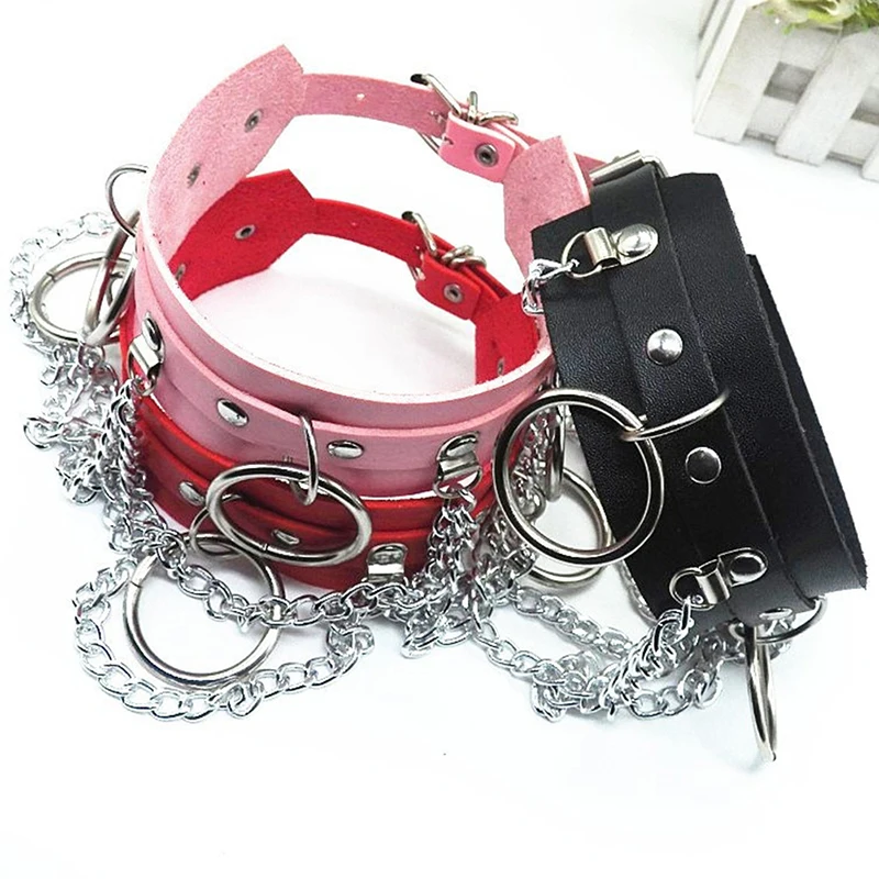 

Женское кожаное колье-чокер, розовое ожерелье с цепочкой в стиле панк, сексуальное ожерелье-чокер, бондаж