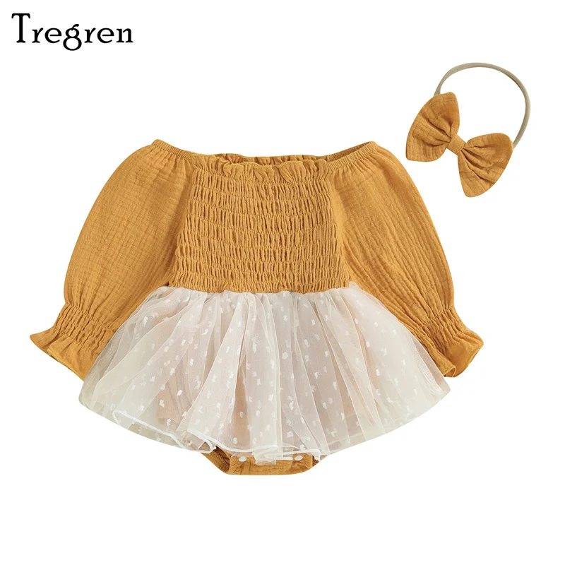 

Комбинезон Tregren для новорожденных девочек 0-24 мес., сетчатый комбинезон в стиле пэчворк с длинным рукавом, платье, повязка на голову, комплект из 2 предметов, хлопковая льняная одежда