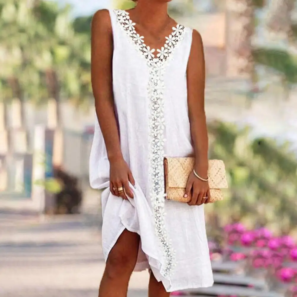 White Lace Patchwork Sleeveless Sundress Fashion Mid-calf Breathable Dress Comfortable A-Line Tank Dress for Daily Life
White Lace Patchwork Sleeveless Sundress Fashion Mid-calf Breathable Dress Comfortable A-Line Tank Dress for Daily Life