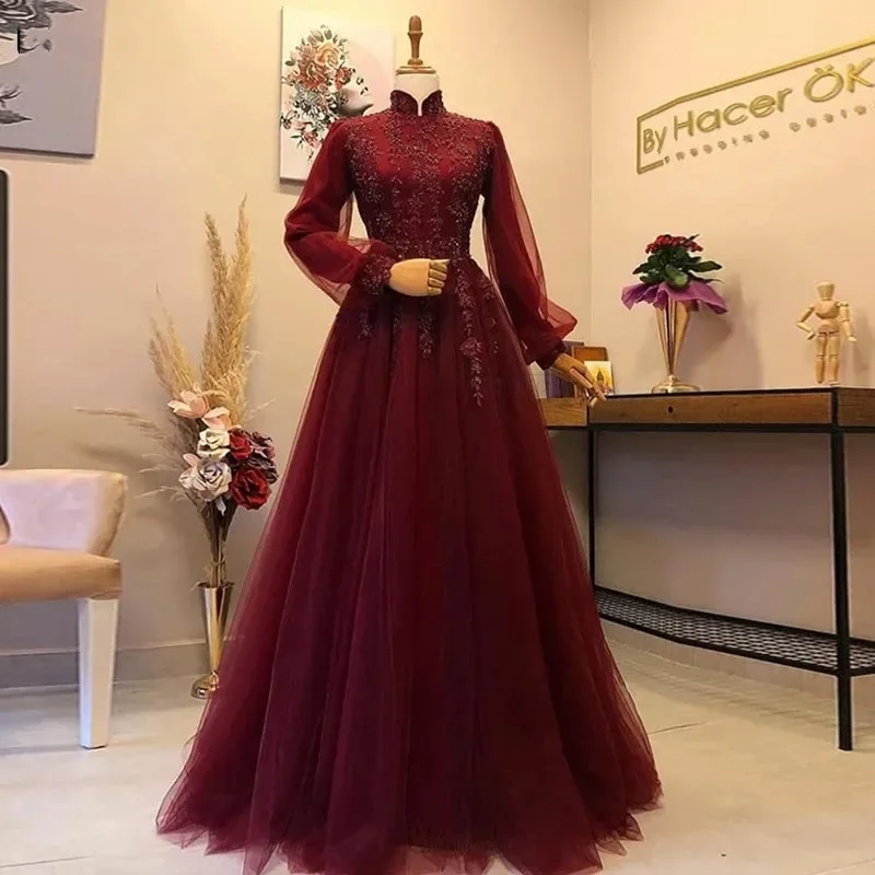 High Collar Burgundy Long Sleeves Islamic Muslim Formal Evening Gowns Beaded Lace Dubai Saudi Arabic Prom Dress HOT
High Collar Burgundy Long Sleeves Islamic Muslim Formal Evening Gowns Beaded Lace Dubai Saudi Arabic Prom Dress HOT