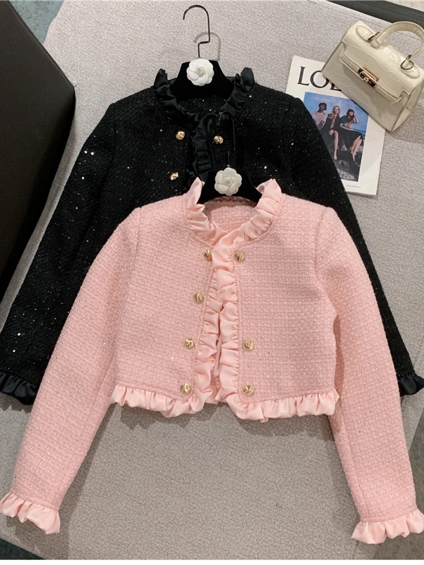 Korean Style Tweed Jackets Women Elegant Sequined Coat Lace Ruffled Covered Silver Woven Woolen Cropped Autumn Top 2022 Pink
Korean Style Tweed Jackets Women Elegant Sequined Coat Lace Ruffled Covered Silver Woven Woolen Cropped Autumn Top 2022 Pink