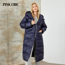 PINK CHIC 2023 New Winter Coat Women Down Jackets High Quality Dark Beige Warm Lace up Hooded Long version Parka Female W6650