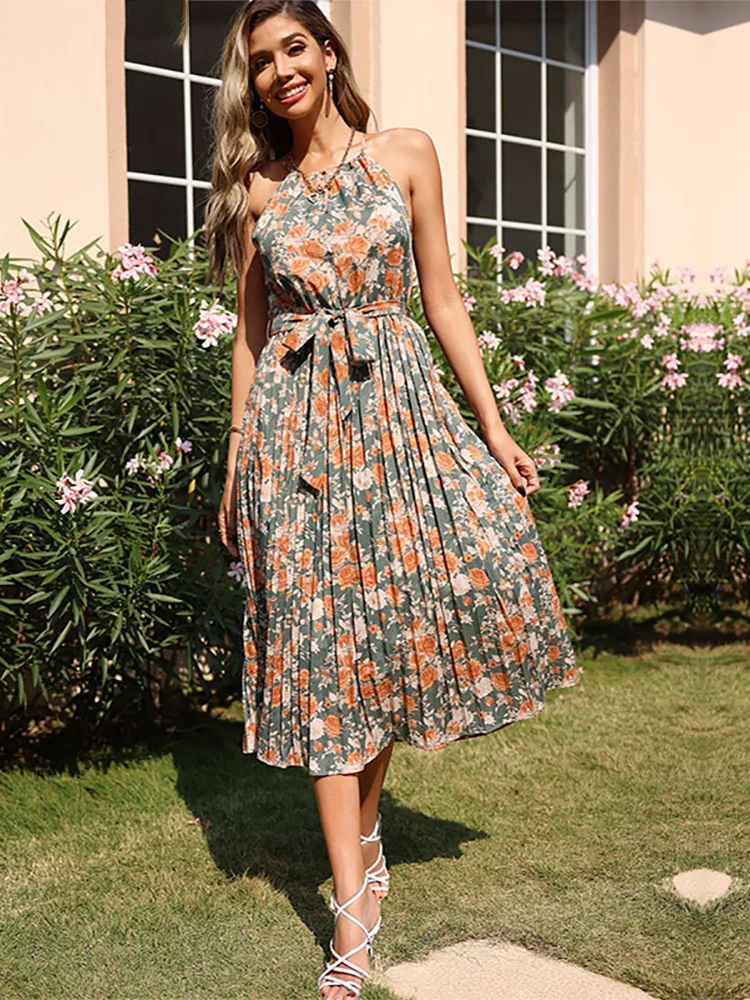 2023 Floral Print Strap Dress Women Summer Sexy Halter Bandage Sleeveless Midi Beach Dresses Casual Elegant Green Pleated Dress
2023 Floral Print Strap Dress Women Summer Sexy Halter Bandage Sleeveless Midi Beach Dresses Casual Elegant Green Pleated Dress