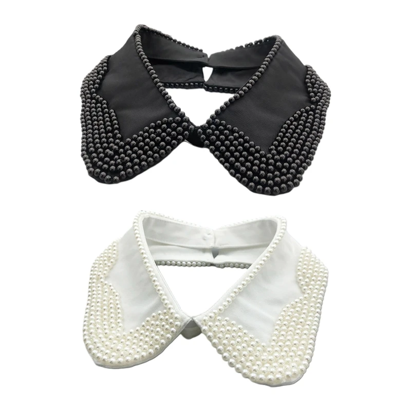 

White Black False Collar Pearls Embellished Detachable Collar for Mother's Day T8NB