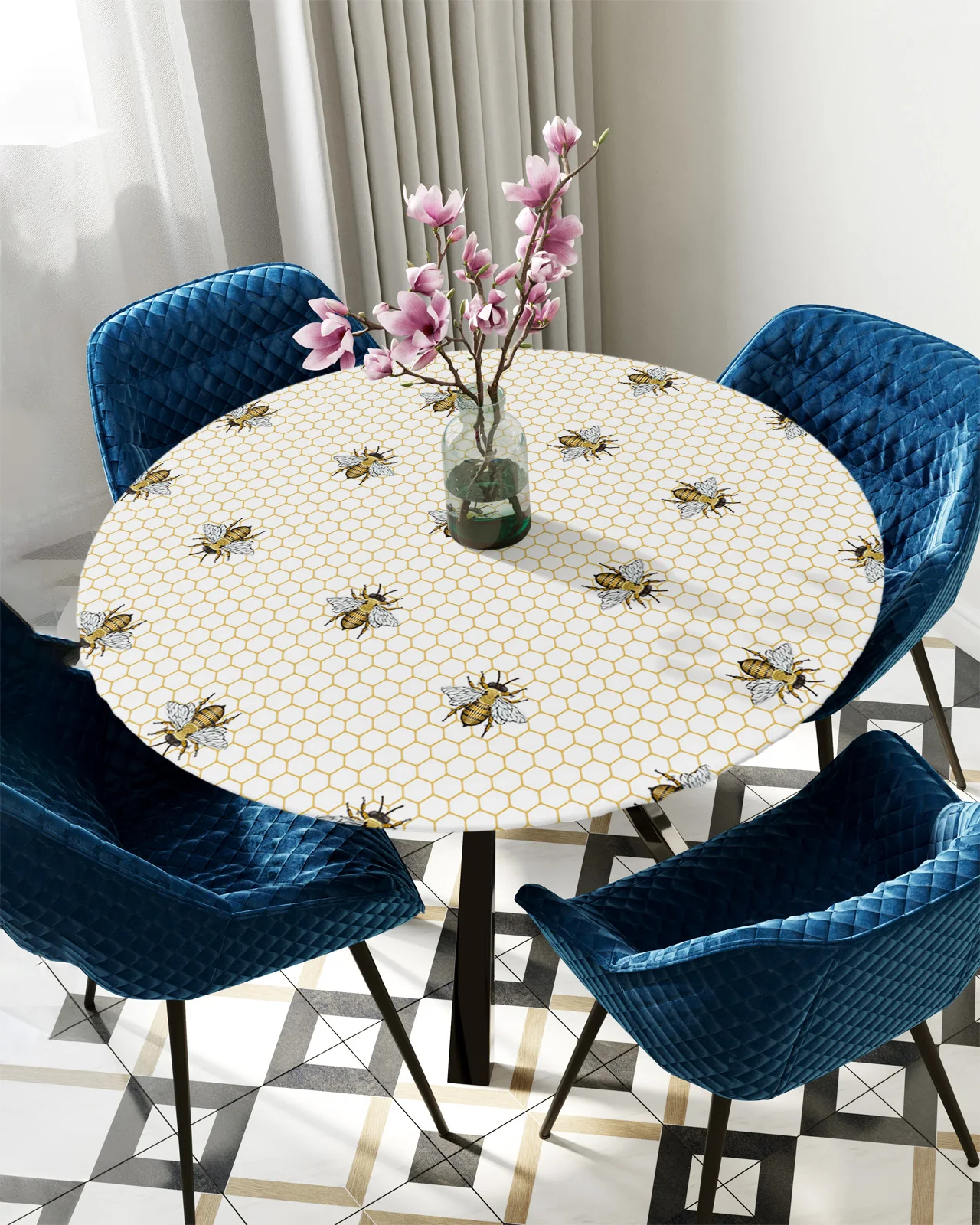 

Plaid Bee Insect Geometry Round Tablecloth Waterproof Elastic Tablecloth Home Kitchen Dining Room Table Cover