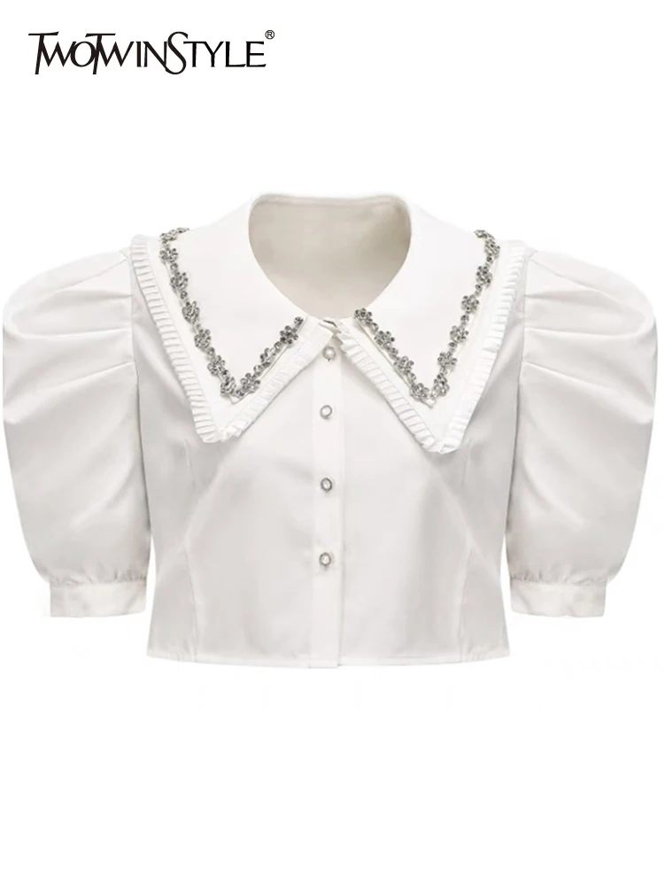 TWOTWINSTYLE Straight Patchwork Diamond Shirt For Women Lapel Puff Sleeve Solid Button Through Blouse Female Summer Clothing New
TWOTWINSTYLE Straight Patchwork Diamond Shirt For Women Lapel Puff Sleeve Solid Button Through Blouse Female Summer Clothing New