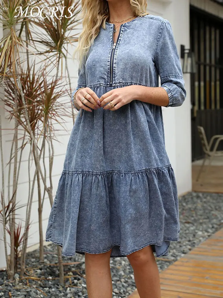 MOCRIS Vintage O-Neck Denim Dresses for Women Cotton Casual Short Sleeve Mini Dress Loose Waistline Female Clothing with Zipper
MOCRIS Vintage O-Neck Denim Dresses for Women Cotton Casual Short Sleeve Mini Dress Loose Waistline Female Clothing with Zipper