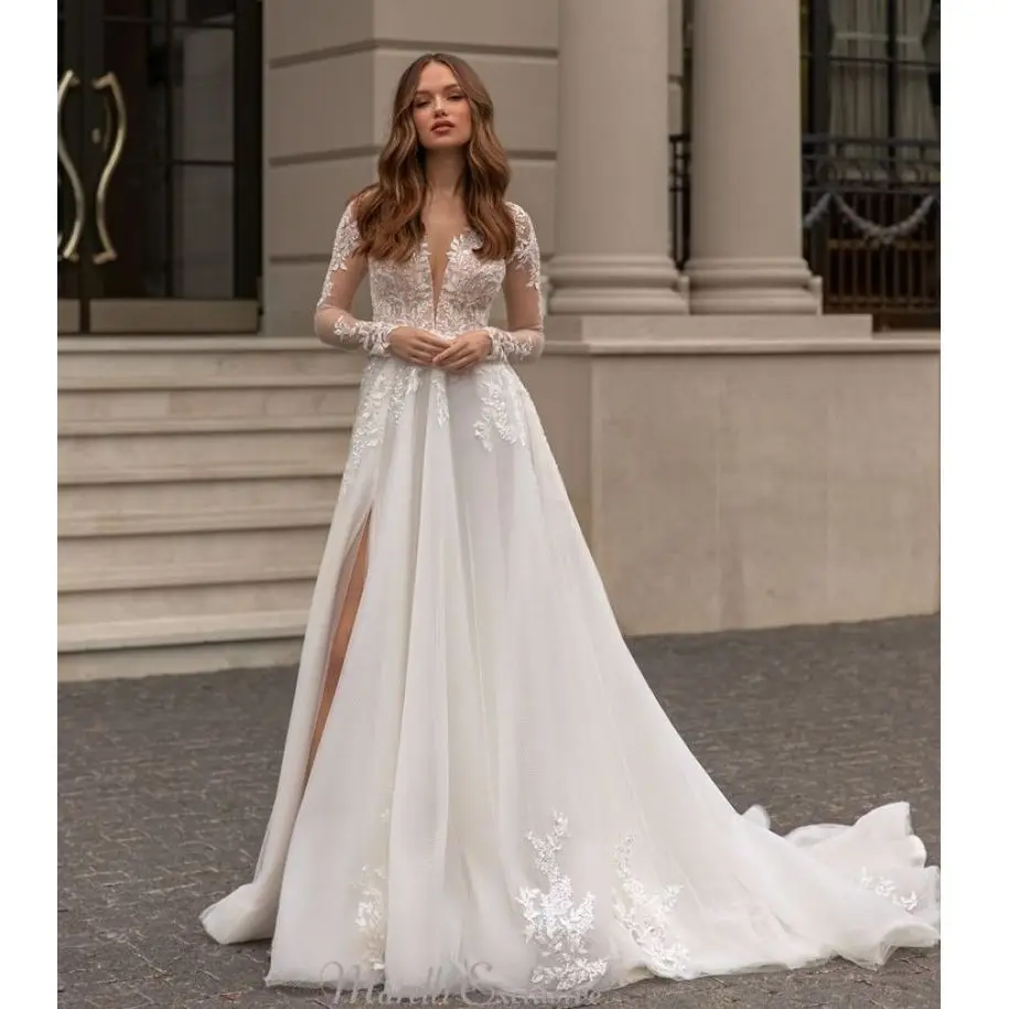 Full Sleeves Wedding Party Dresses Elegant A-Line Side Split Bridal Gown Lace Appliques Brush Train Celebrity Robe Mariée2023
Full Sleeves Wedding Party Dresses Elegant A-Line Side Split Bridal Gown Lace Appliques Brush Train Celebrity Robe Mariée2023