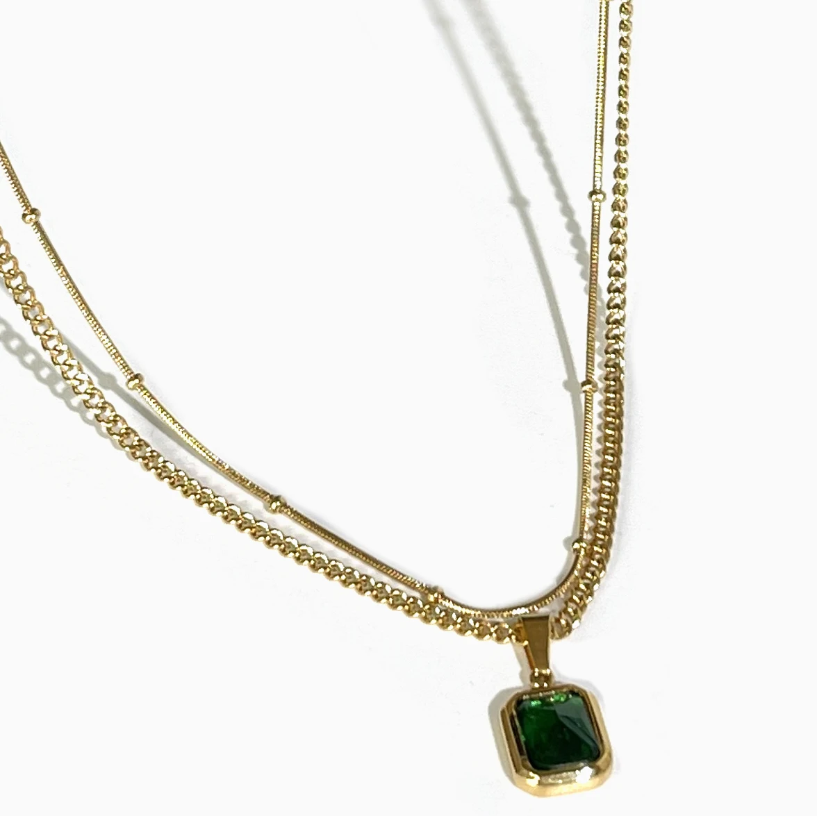 

Peri'sbox Pretty Green Cz Zircon Rectangle Pendant Double Chain Layered Necklace for Women Stainless Steel Gold Plated Jewelry