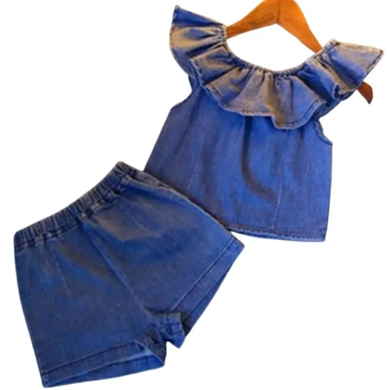 Summer Girls' Clothing Sets Fashion Denim Shoulder Flying Sleeve Top + Shorts 2PCS Baby Kids Clothes Suit Children Clothing 
Summer Girls' Clothing Sets Fashion Denim Shoulder Flying Sleeve Top + Shorts 2PCS Baby Kids Clothes Suit Children Clothing