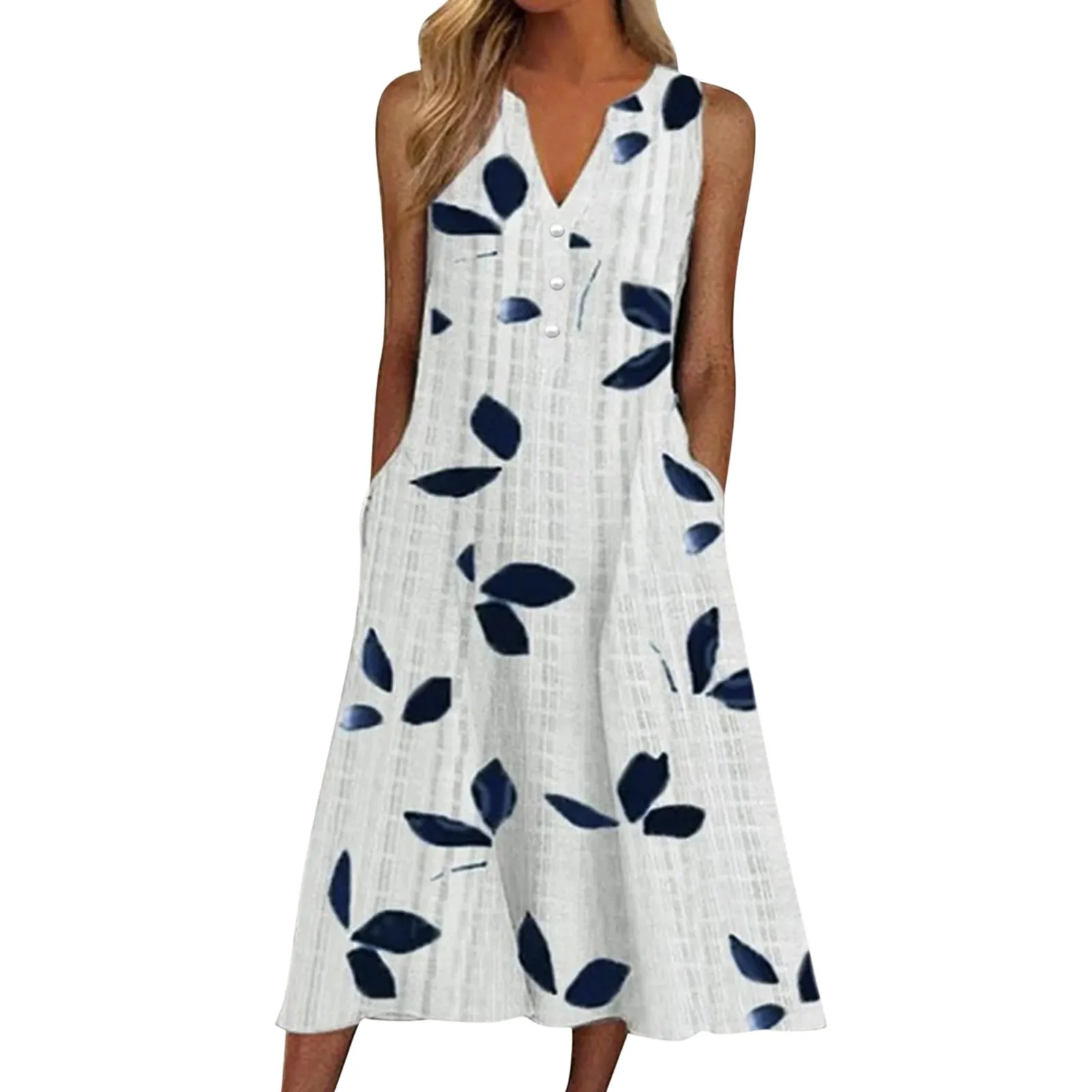 Women's Fashion Leaves Printed Summer Dresses Casual V Neck Buttons Sleeveless Dress Loose Holiday Long Dresses With Pockets 
Women's Fashion Leaves Printed Summer Dresses Casual V Neck Buttons Sleeveless Dress Loose Holiday Long Dresses With Pockets