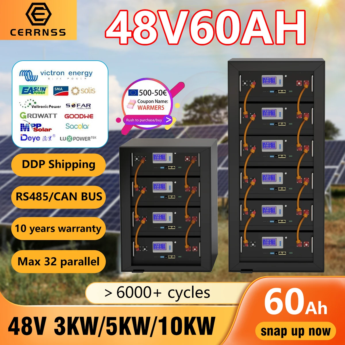 LiFePO4 48V 3KW Battery Pack 51.2V 60AH Lithium Solar Battery 6000+ Cycles RS485 CAN BUS DDP Shipping For Inverter 48V Battery
LiFePO4 48V 3KW Battery Pack 51.2V 60AH Lithium Solar Battery 6000+ Cycles RS485 CAN BUS DDP Shipping For Inverter 48V Battery