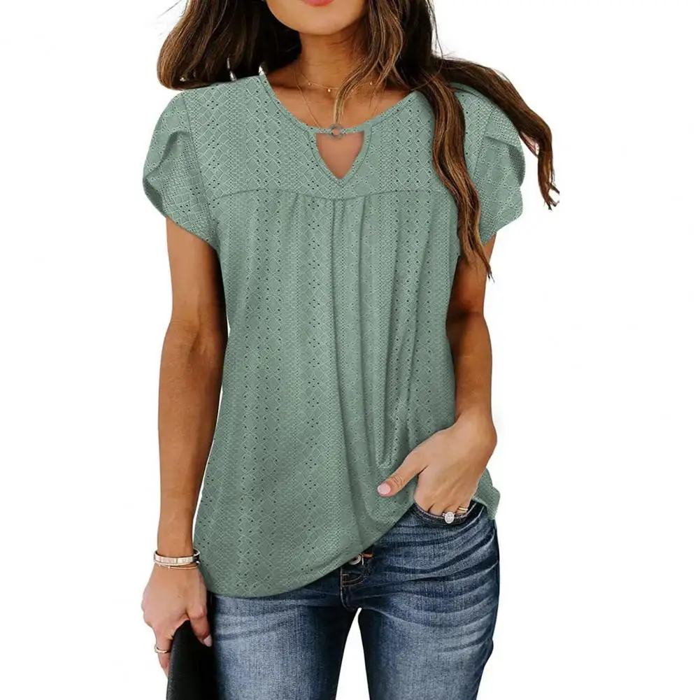 Elegant Women Summer Blouse Top Flower Print Solid Color Hollow Out Short Sleeves Ruffle O Neck Ladies T-shirt Female Clothes
Elegant Women Summer Blouse Top Flower Print Solid Color Hollow Out Short Sleeves Ruffle O Neck Ladies T-shirt Female Clothes