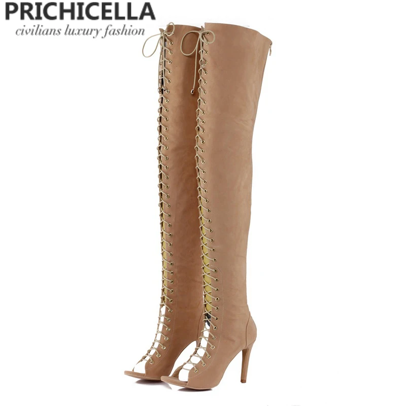 PRICHICELLA Sexy women open toe high heel lace-up gladiator red black tan thigh high boots size35-42
PRICHICELLA Sexy women open toe high heel lace-up gladiator red black tan thigh high boots size35-42