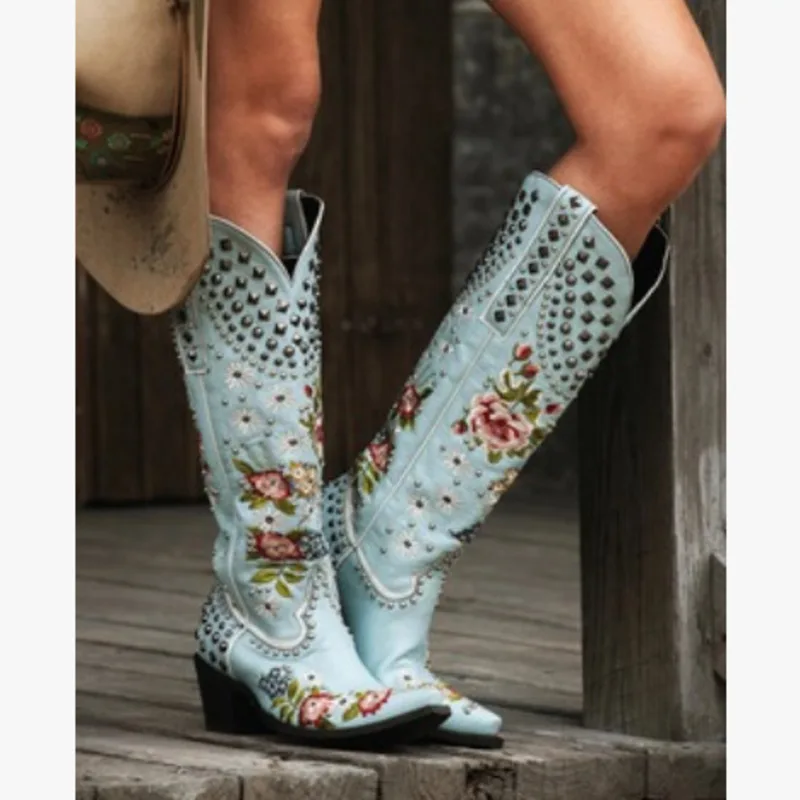 

Western Boots Cowgirl Boots Pointed Toe Med Heels Vintage Ladies Shoes Embroidered Rivets Chunky Heel Knight Boots Cowboy Boots