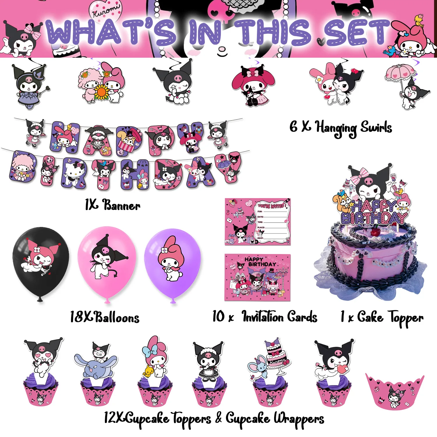 Kawaii Sanrio Kuromi Theme Birthday Party DecorationFlag Cake Insertion Balloon Spiral Pendant Invitation Card Suit for Children
Kawaii Sanrio Kuromi Theme Birthday Party DecorationFlag Cake Insertion Balloon Spiral Pendant Invitation Card Suit for Children