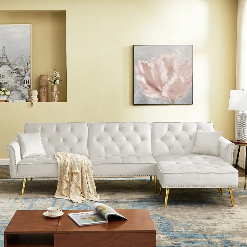 Modern Velvet Upholstered Reversible Sectional Sofa Bed \ L-Shaped Couch with Movable Ottoman and Nailhead Trim
Modern Velvet Upholstered Reversible Sectional Sofa Bed \ L-Shaped Couch with Movable Ottoman and Nailhead Trim