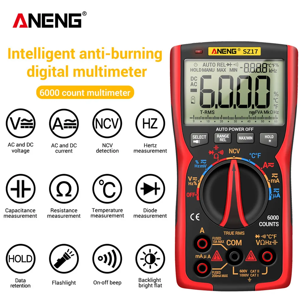 ANENG SZ17 Digital Multimeter 6000 Counts True RMS DC/AC Voltmeter Ammeter Voltage Current Tester Transistor Capacitor NCV Meter 
ANENG SZ17 Digital Multimeter 6000 Counts True RMS DC/AC Voltmeter Ammeter Voltage Current Tester Transistor Capacitor NCV Meter