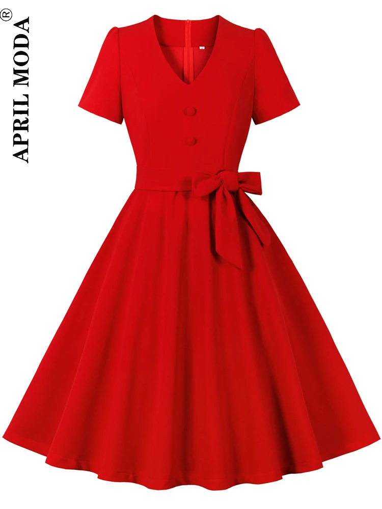 

2023 Vintage Swing Casual Summer Women's Dress With Belt Short Sleeve Red Button V Neck 40s 50s 60s Pinup Rockabilly Dresses