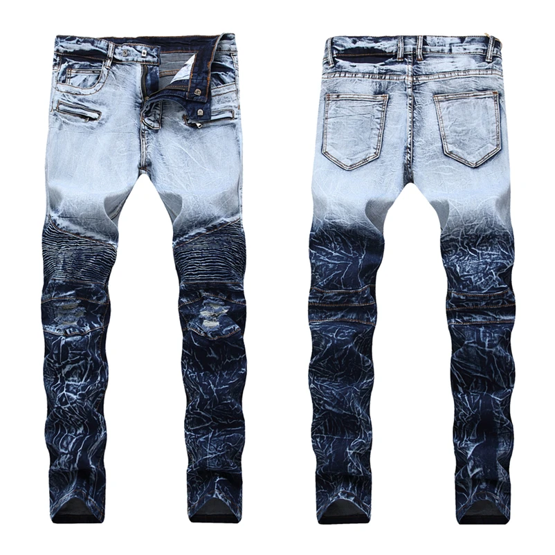

New Arrival Men's Slim Fit Elasticity Ripped Biker Jeans Man Fashion Zipper Decoration Distressed Jeans Plus Size 42