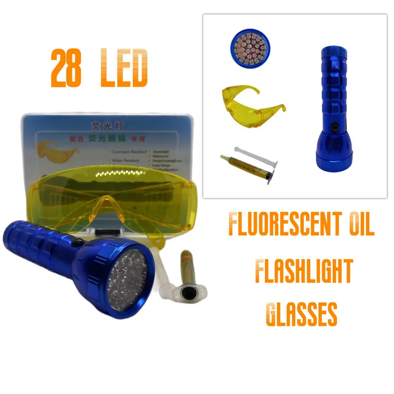 28 LED Car Air Conditioning A/C System Leak Test Detector Kit UV Flashlight Glasses Fluorescent oil Tool Set
28 LED Car Air Conditioning A/C System Leak Test Detector Kit UV Flashlight Glasses Fluorescent oil Tool Set