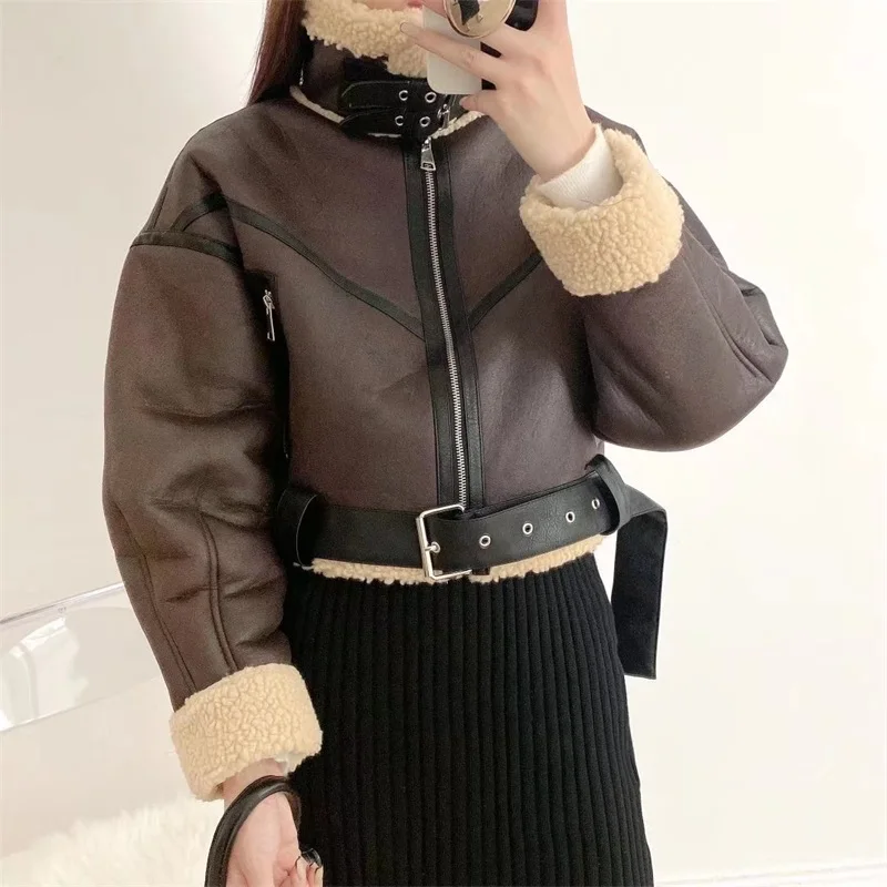 

ZXQJ 2022 Woman's Fashion Thick Warm Faux Shearling Jacket Coat Vintage Long Sleeve Belt Hem Female Outerwear Chic Tops