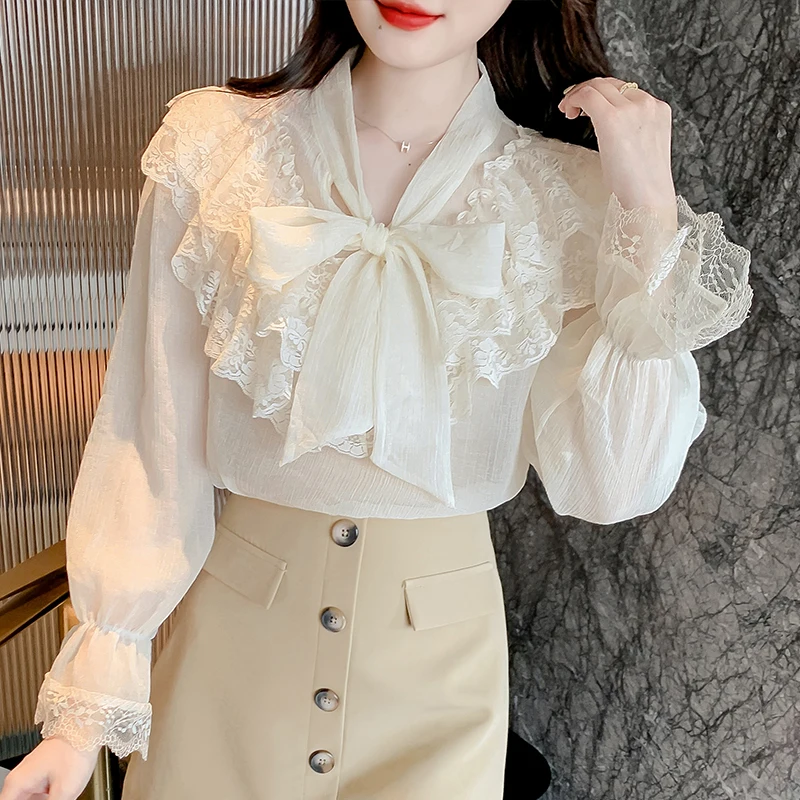 Шифоновая рубашка с длинным рукавом и бантом, 632f, Hai, 2022-12 
Шифоновая рубашка с длинным рукавом и бантом, 632f, Hai, 2022-12