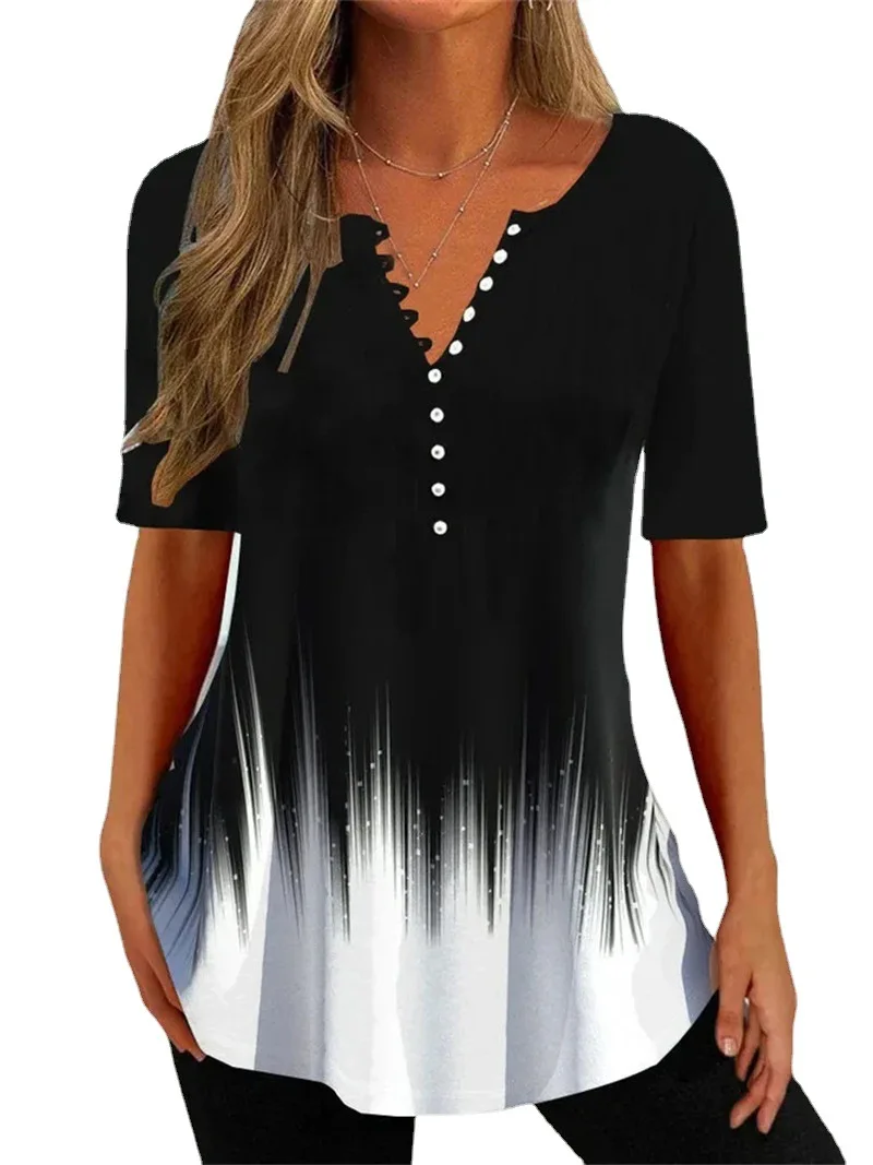 2023 Summer New Dress Style Commuter Loose V-Neck Pullover Short Sleeve Button Design Printed Casual Fashion T-shirt OTTD
2023 Summer New Dress Style Commuter Loose V-Neck Pullover Short Sleeve Button Design Printed Casual Fashion T-shirt OTTD
